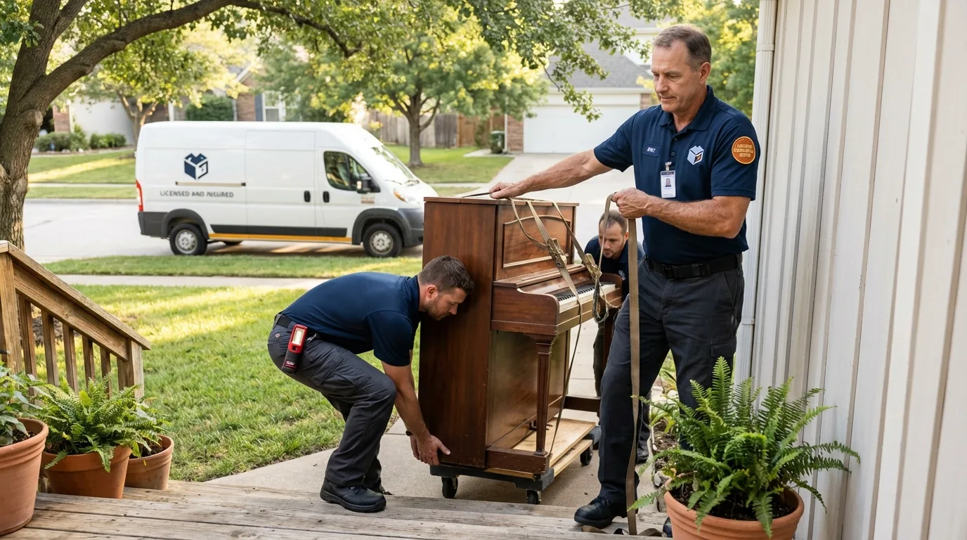 Licensed piano movers securing grand piano in Woodbridge, NJ