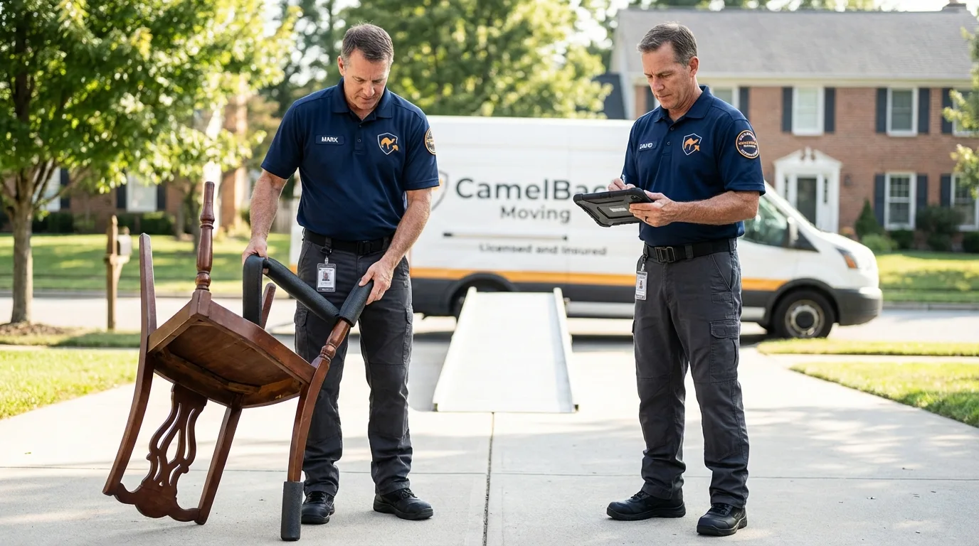 Movers inspecting furniture for damage prevention before loading in Woodbridge, NJ