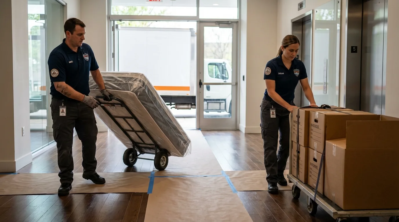 Professional apartment movers loading elevator in Woodbridge, NJ