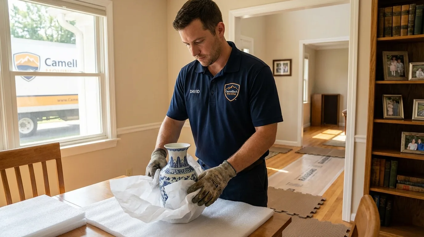 Professional crew carefully wrapping antique vase for senior downsizing move in Woodbridge, NJ